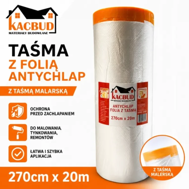 KACBUD Antychlap 2,7 x 20 m – opakowanie folii malarskiej z taśmą