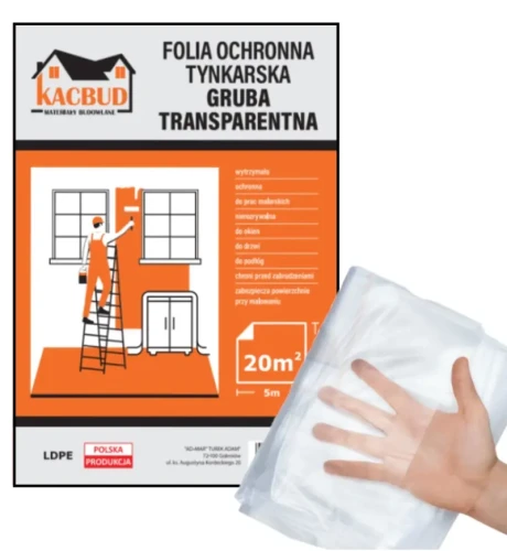 Folia tynkarska przezroczysta KACBUD 4x5 m 600 g – gruba folia ochronna do prac tynkarskich i malarskich